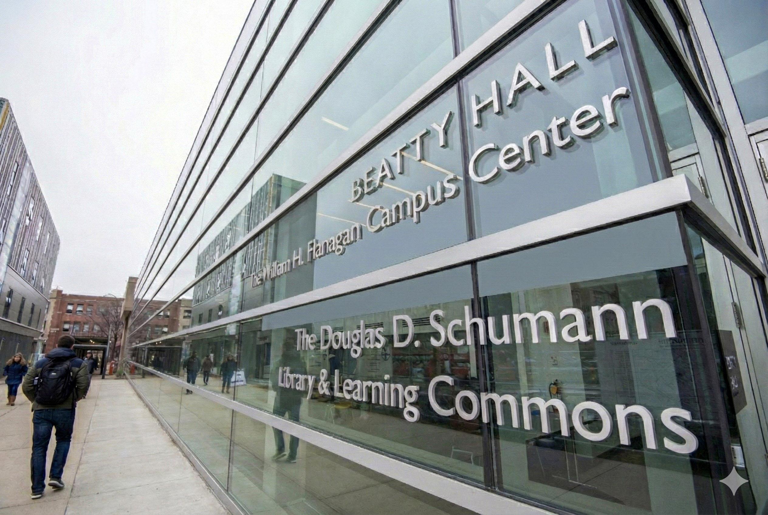 people walking past a glass building outside