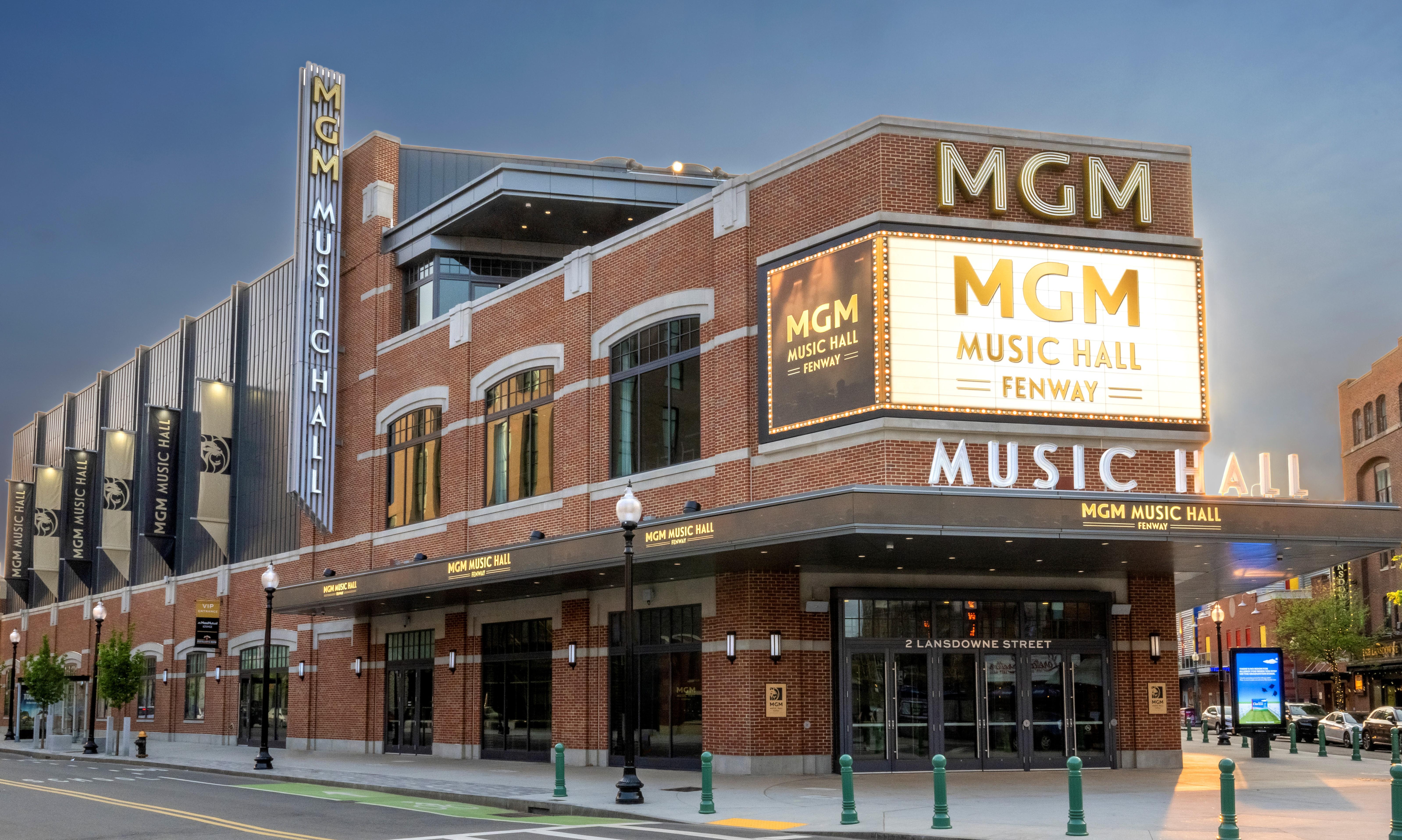 Exterior view of MGM Music Hall building showing marquis 