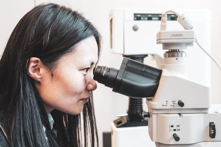 A woman looks into a microscope