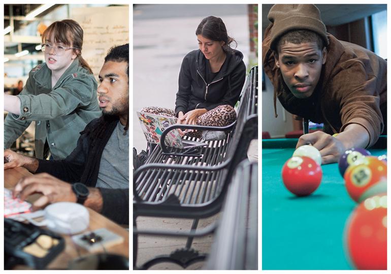 A collage of 3 images (from left to right): A male and female student looking at a computer; a female student sitting on a bench looking at her laptop; a male student playing pool.