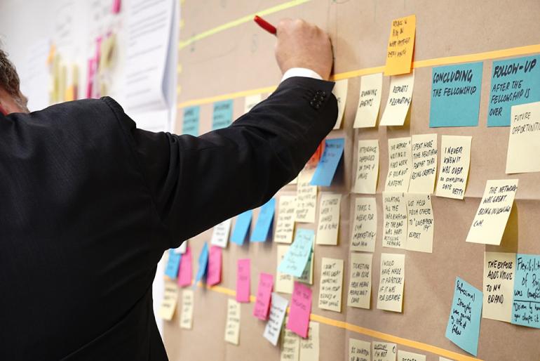 Project management brainstorm session using stickies.