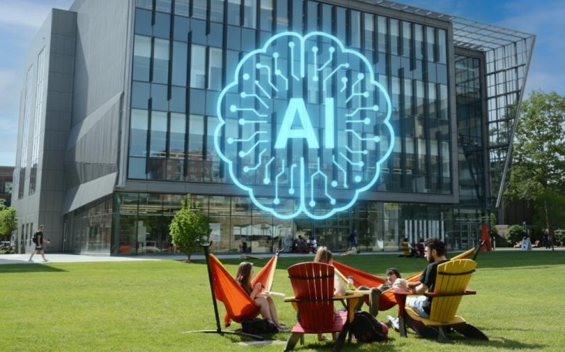 graphic of "ai" text over campus quad photo