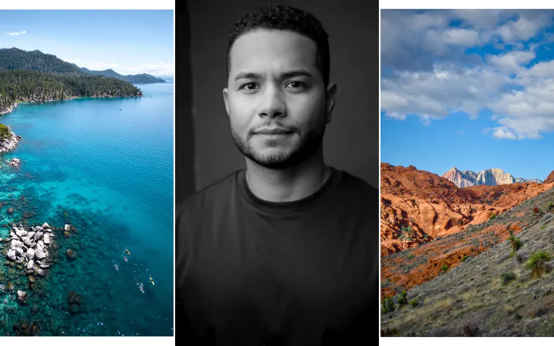 a collage showing a portrait of a man's face and two scenic photographs of the American West