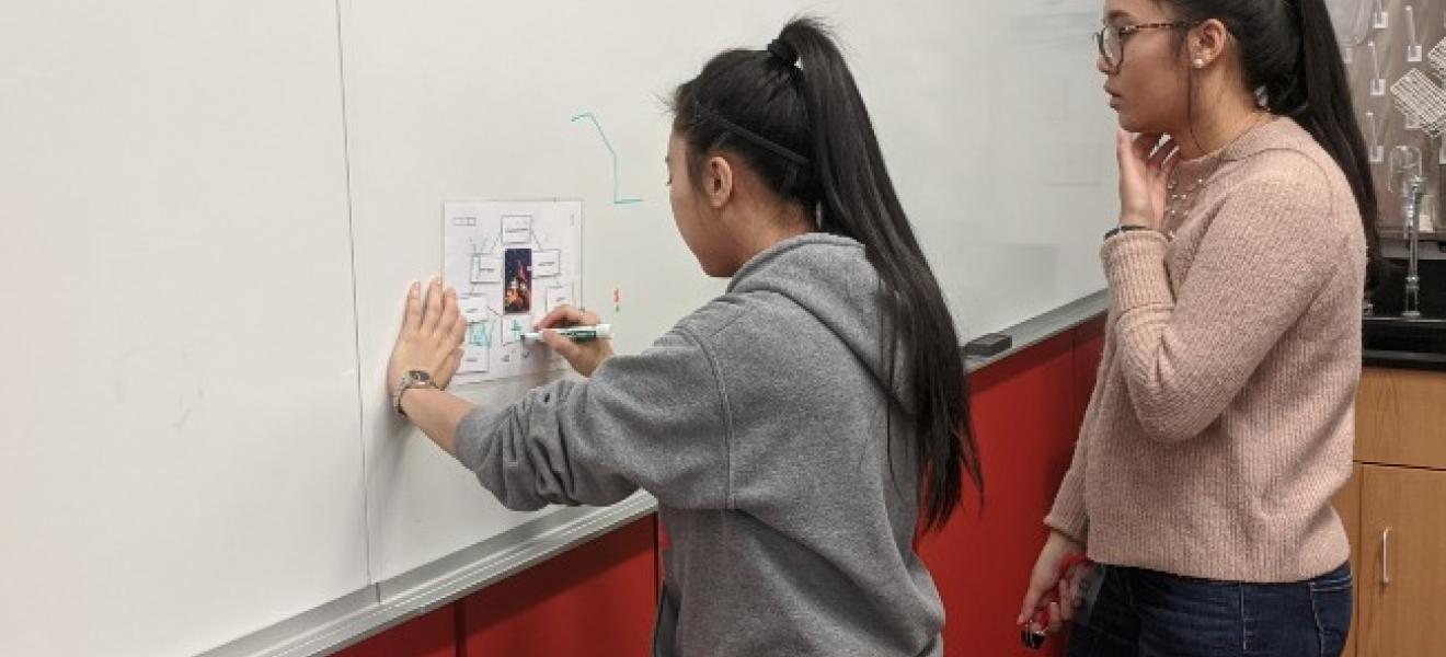 two people at a whiteboard drawing