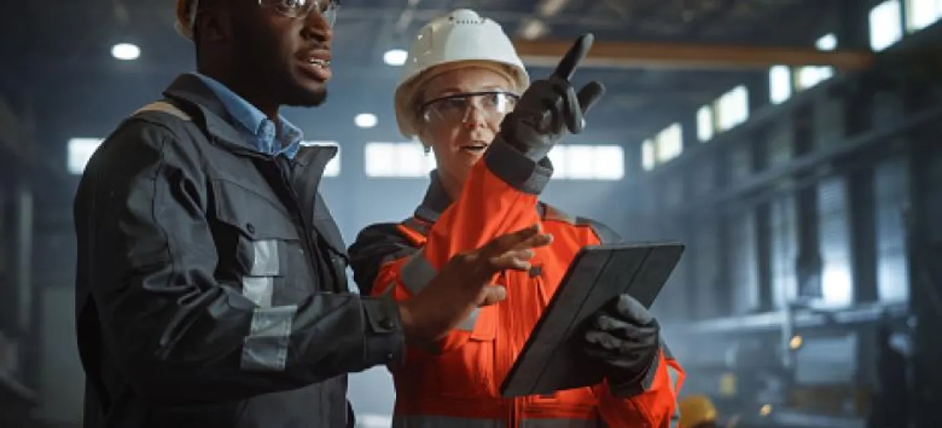 two men wearing hard hats on a construction site