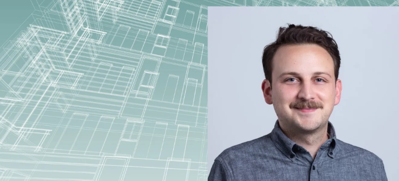 portrait of a man in front of architectural rendering