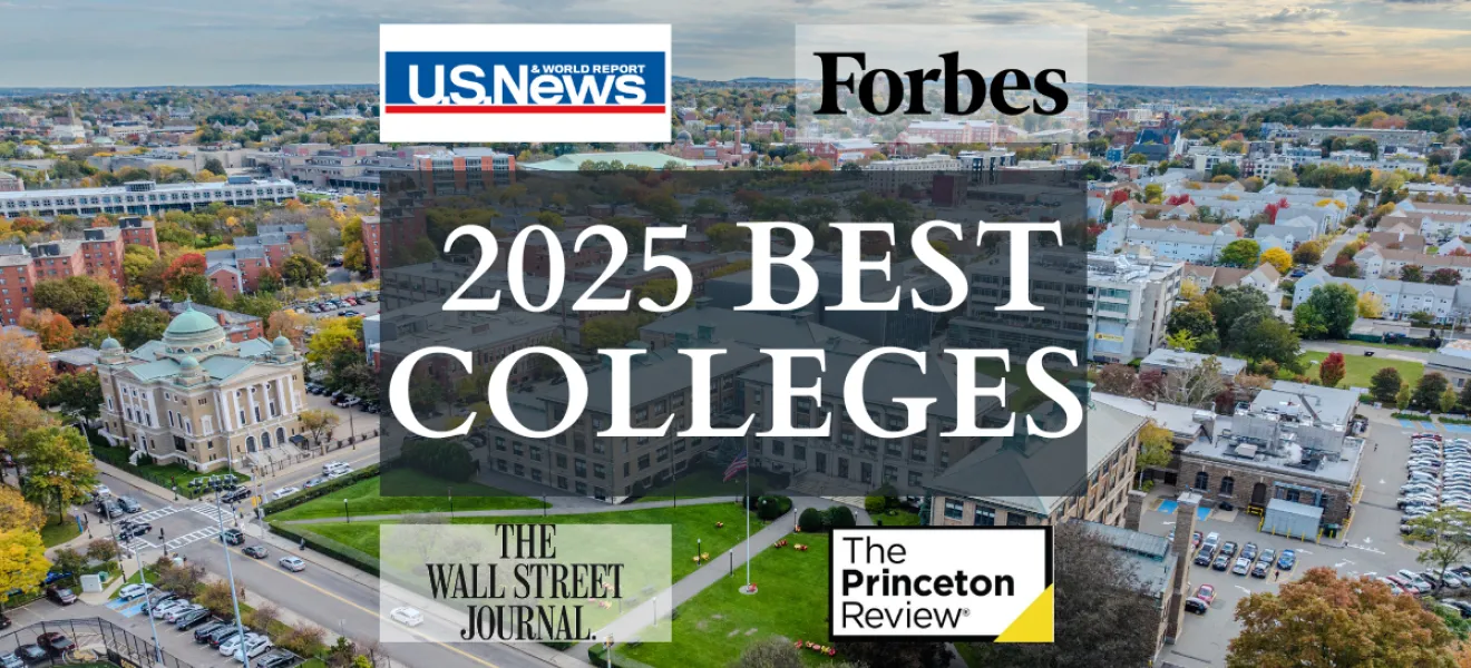 graphic showing logos on top of an aerial picture of a college campus