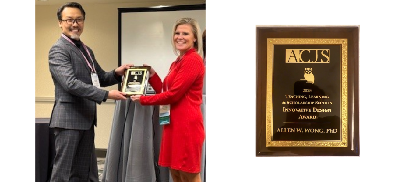 a collage of a woman handing a man an award on the left and the actual award on the right