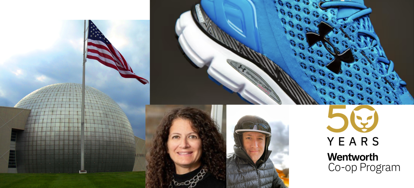 collage of portraits and a sphere and a sneaker
