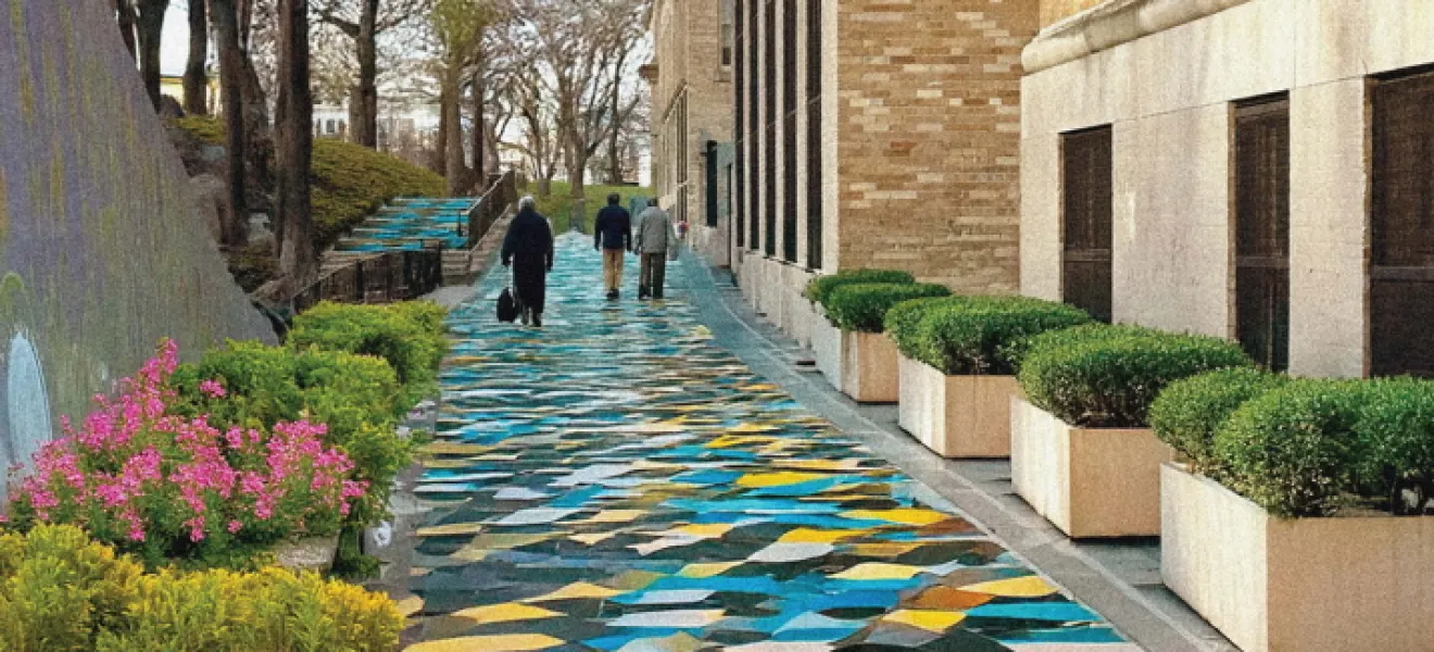 a rendering of a colorful walkway entitled the mosaic 