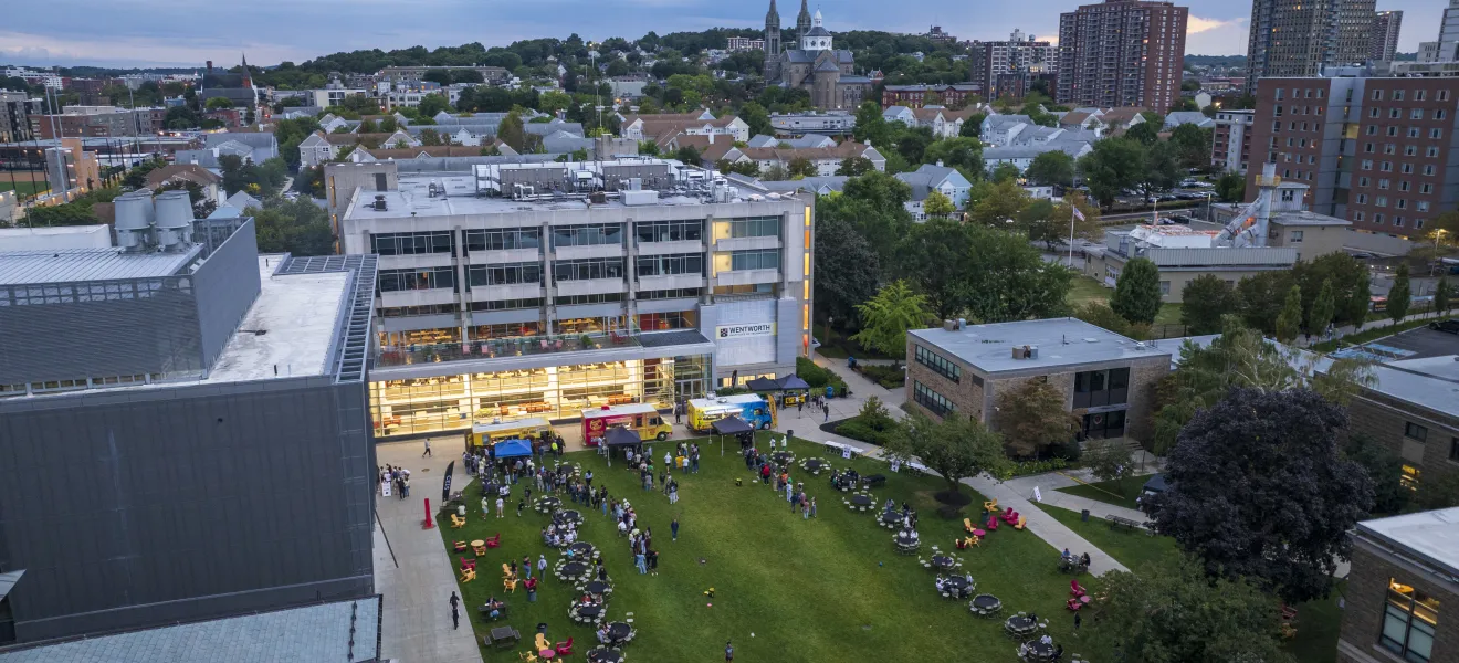 an aerial shot of the wentworth campus at sunset