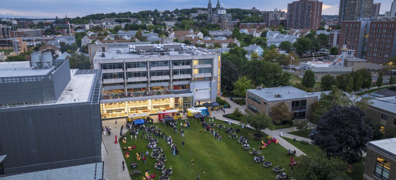 an aerial shot of the wentworth campus at sunset