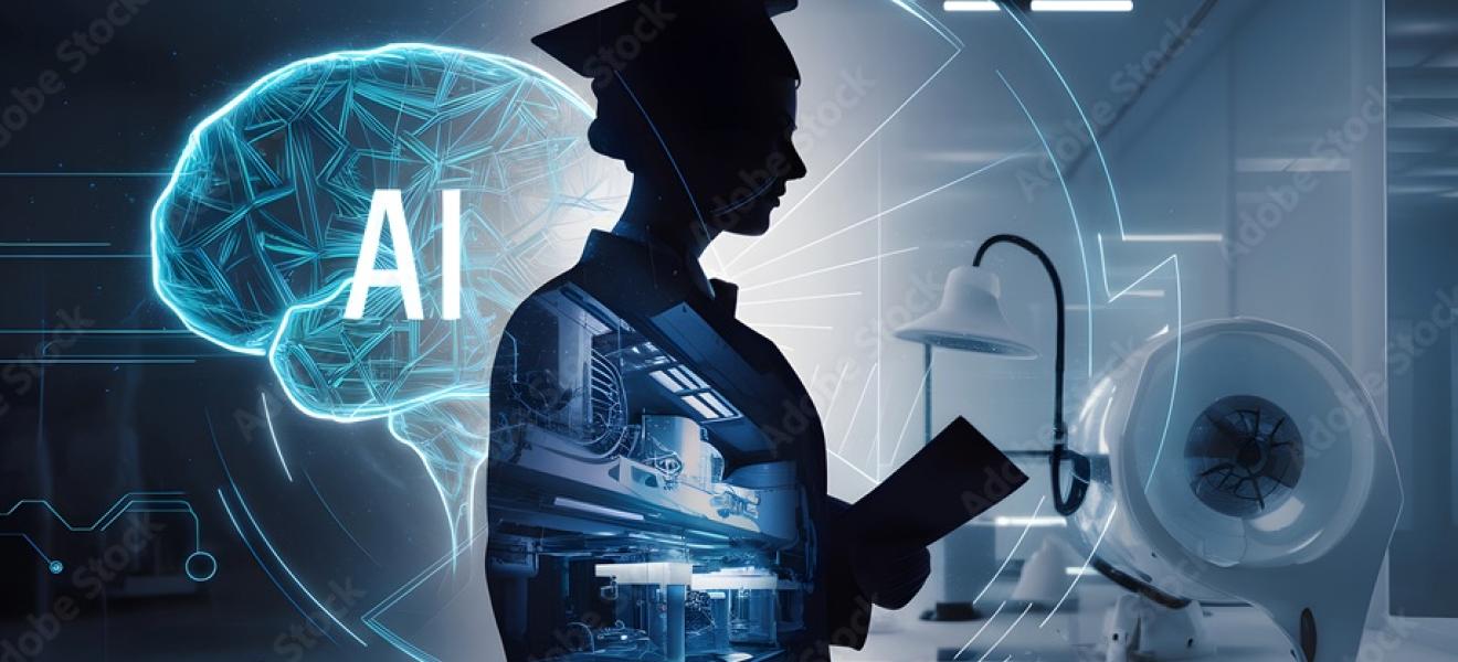 a silhouetted college graduate surrounding by ai related graphics