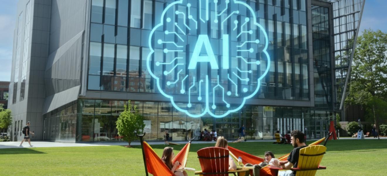 graphic of "ai" text over campus quad photo
