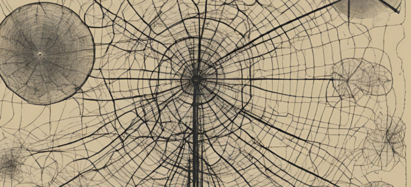 An abstract black-line illustration on a beige background depicting a complex, web-like network connecting several circular nodes