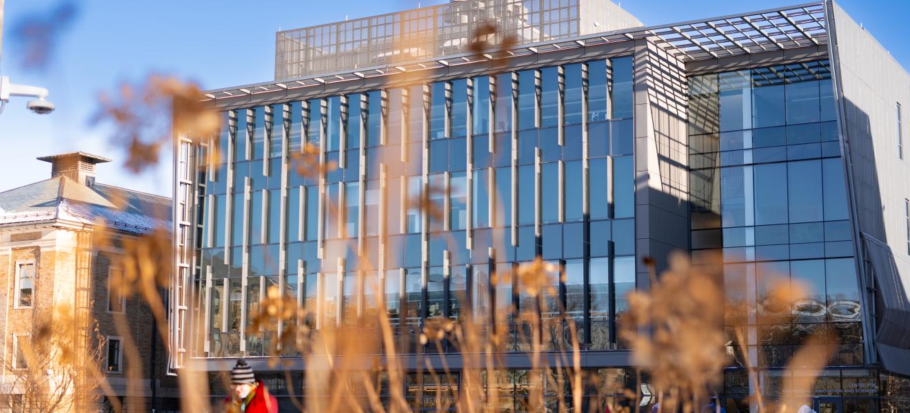 a modern building as seen through some winter grass