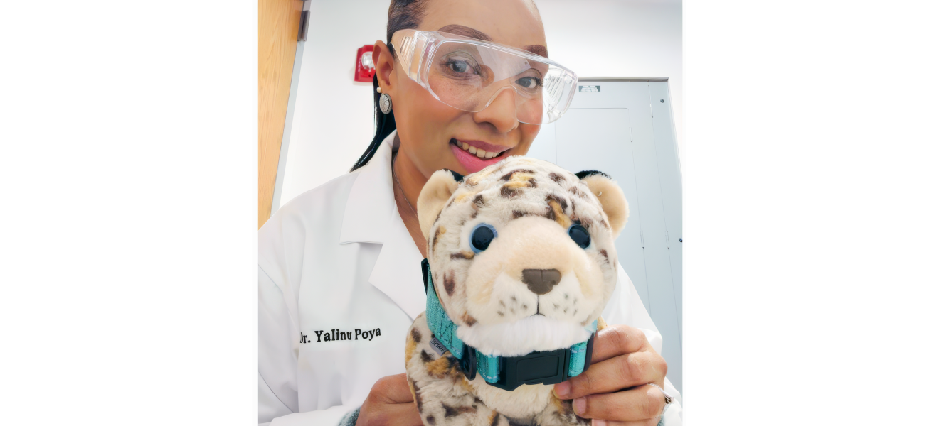 a woman in a lab coat holds a leopard stuffed animal