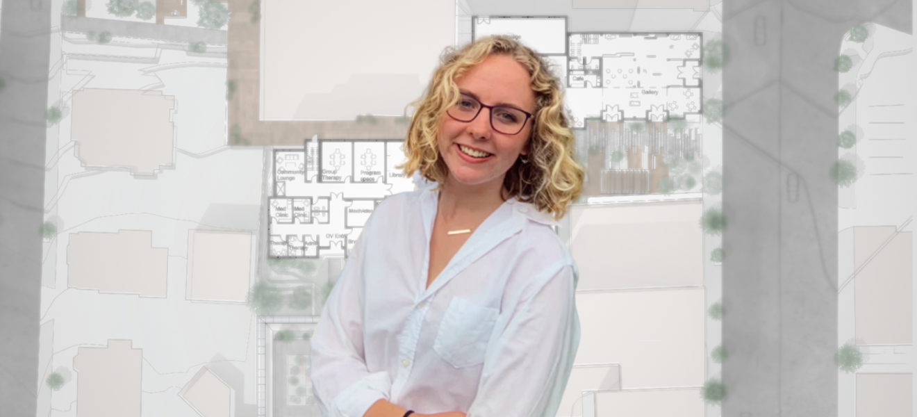 a woman stands in front of a architectural rendering