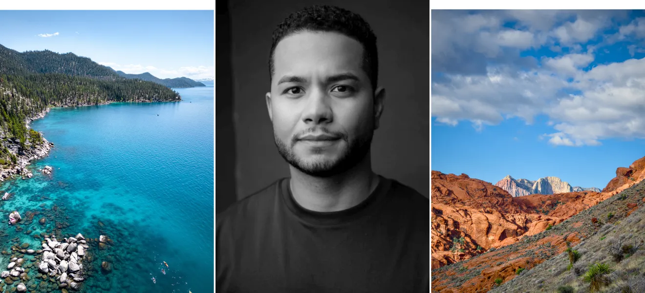 a collage showing a portrait of a man's face and two scenic photographs of the American West