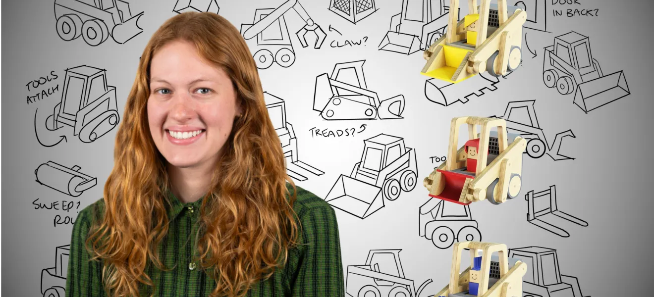 a portrait of a woman next to a series of toy prototypes she designed