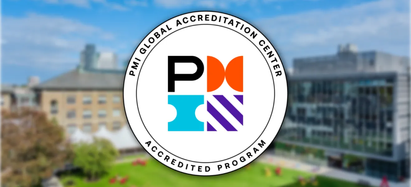 PMI Global Accreditation Center Accredited Program Logo on a background showing the Wentworth Quad
