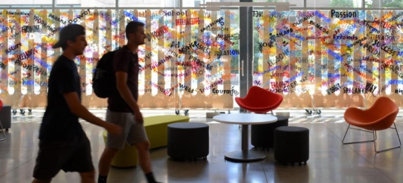 Two students walk past an art installation