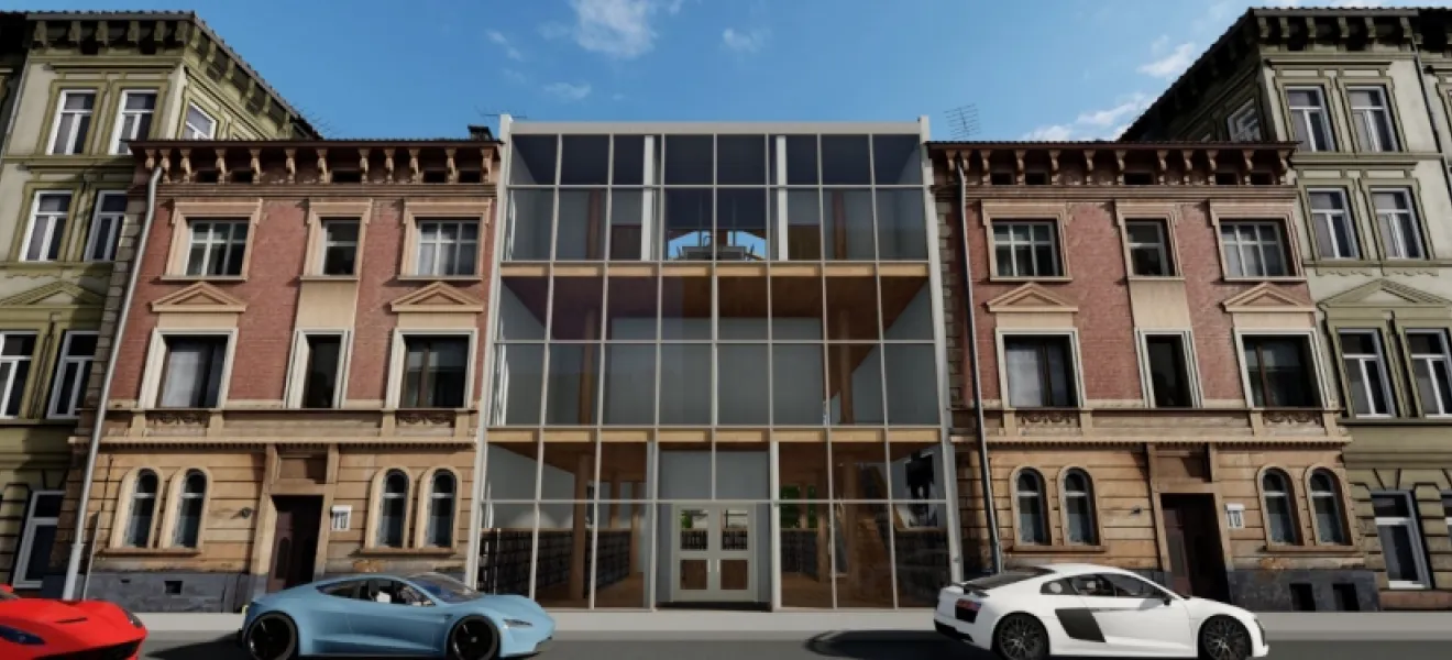 rendering of buildings and cars on a street