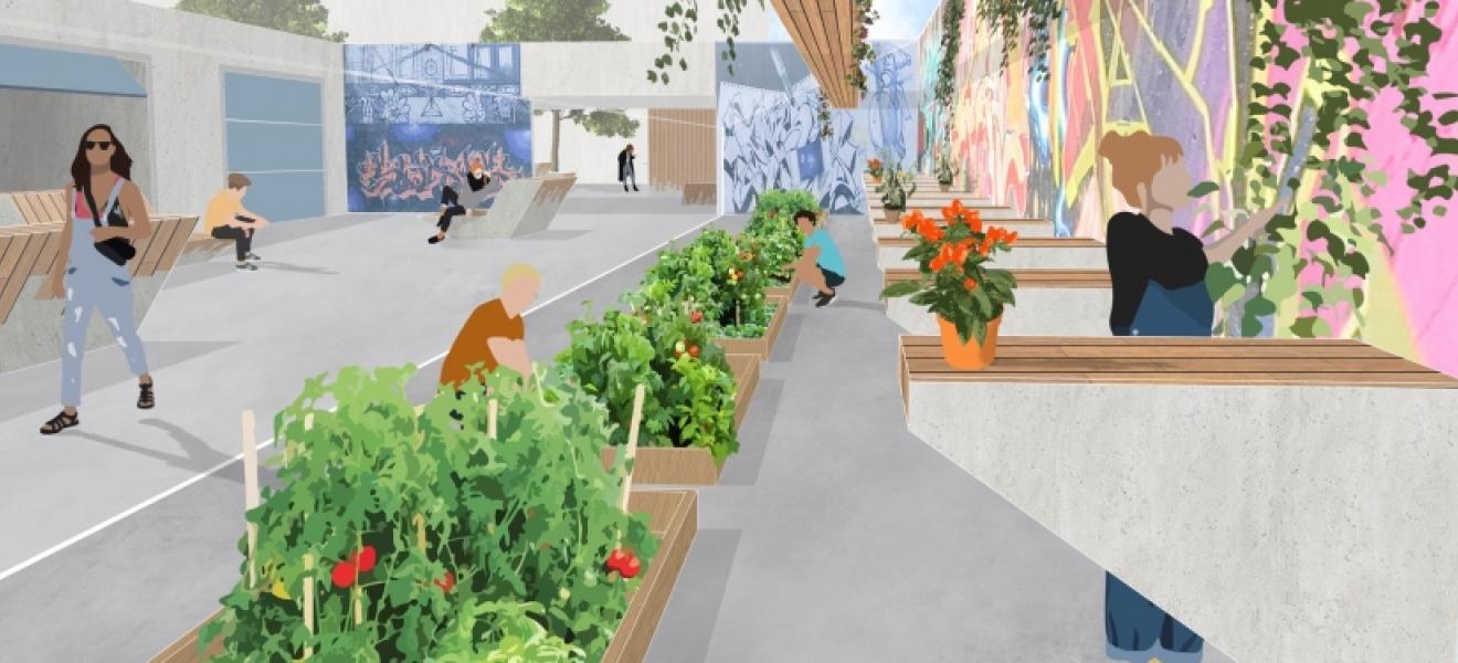 people walking near growing vegetables in rendering