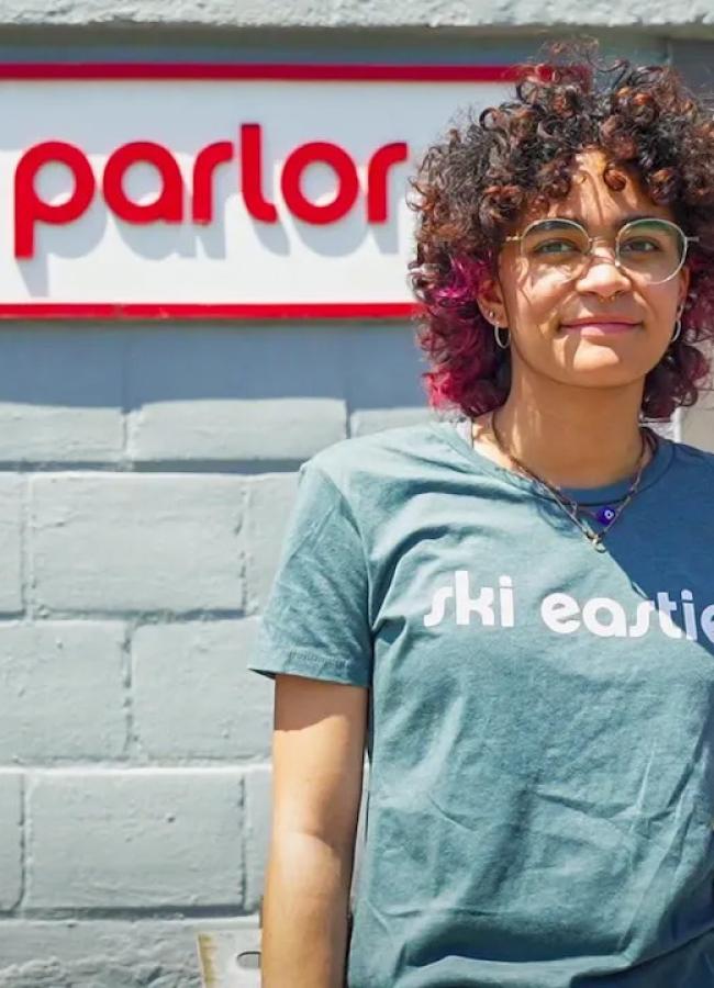 Zoe Graham stands in front of Parlor Skis where held a co-op during her Junior year